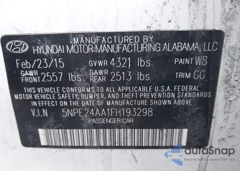 2015 Hyundai Sonata Eco z USA, uszkodzony, nr VIN 5NPE24AA1FH193298